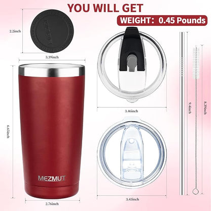 MEZMUT 20oz Tumbler Coffee Travel Mug with Daul Lid and Straw, Stainless Steel Double Wall Vacuum Spill Proof Insulated Tumbler, Hot or Iced Coffee Cups for Drinks (1Pack, Deep Red)