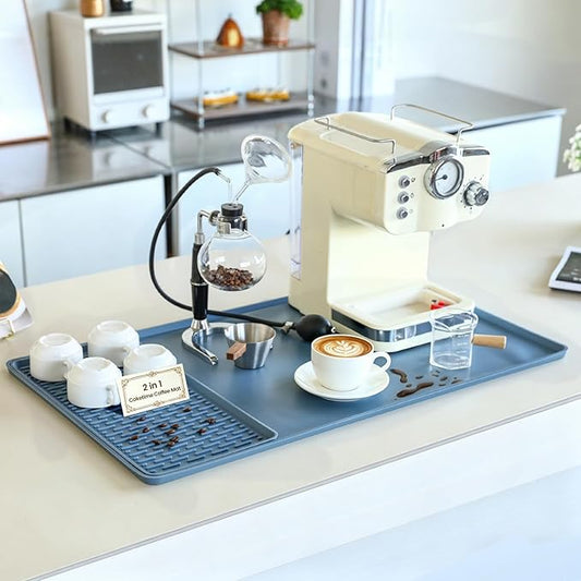 2 In 1 Extra Large 16"x28" Silicone Coffee Bar Mat Accessories for espresso Machine with Detachable Dish Drying Mat Rack Waterproof Kitchen Office House Home Essentials Barista Tools Women Gifts