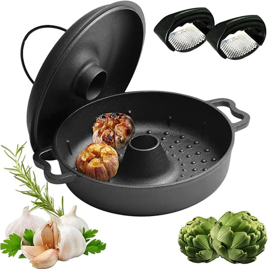 Large Garlic Roaster, Cast Iron Garlic Roaster for Oven Grill, Cast Iron Skillets Pan for BBQ, Picnic Garlic Baker with 2 Garlic Presses