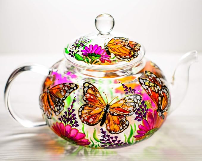 Butterflies and Flowers Teapot with 2 Cups and Saucers - Wedding Gift for Mom - Elegant Tea Set Women Hand Painted Personalized Mother's Day Gift, Luxurious Tea Accessories Tea Party Gift