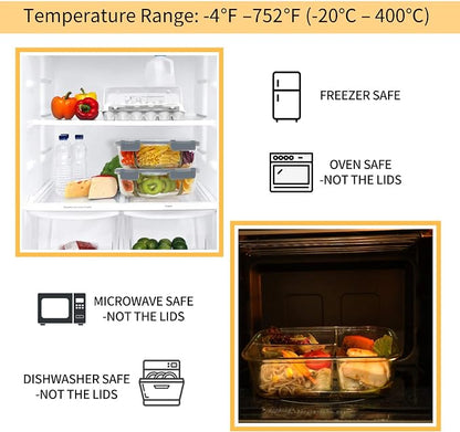 Bayco 8 Pack Glass Meal Prep Containers 3 Compartment, Glass Food Storage Containers with Lids, Airtight Lunch Bento Boxes, Leak Proof (8 lids & 8 Container) - Grey