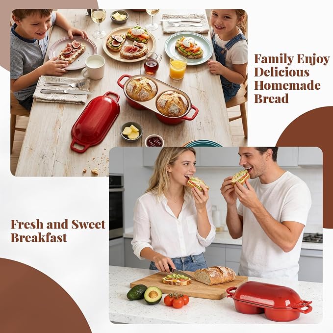 Double Dutch Oven for Sourdough Bread Baking - Enameled Cast Iron Bread Pan with Lid, 2-Slot Mini Loaf Design (16.5cm Each) for Homemade Artisan Bread, Easy to Clean, Ideal for Family Daily Baking