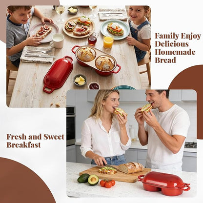 Double Dutch Oven for Sourdough Bread Baking - Enameled Cast Iron Bread Pan with Lid, 2-Slot Mini Loaf Design (16.5cm Each) for Homemade Artisan Bread, Easy to Clean, Ideal for Family Daily Baking