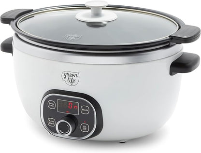 GreenLife 8QT Slow Cooker, Non-Toxic PFAS-Free Ceramic Nonstick Removable Interior Bowl, Programmable, Family Friendly, Keep Warm, Stovetop & Oven Safe, Dishwasher Safe Crock, Timer, Glass Lid, White