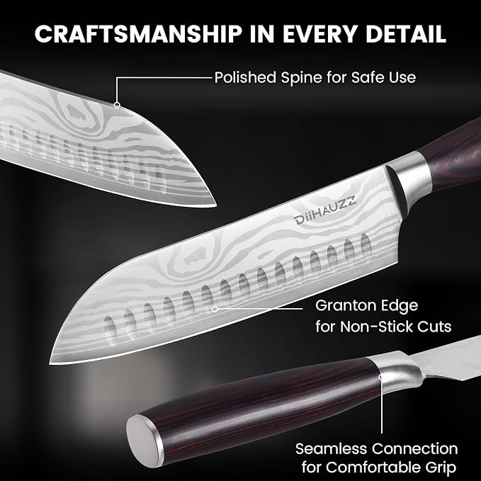 DiiHAUZZ Santoku Knife 7 Inch, Japanese Chef Knife with Ultra Sharp Hollow Edge, High Carbon Steel Forged Professional Kitchen Knives with Ergonomic Pakkawood Handle and Sheath, Gift Box