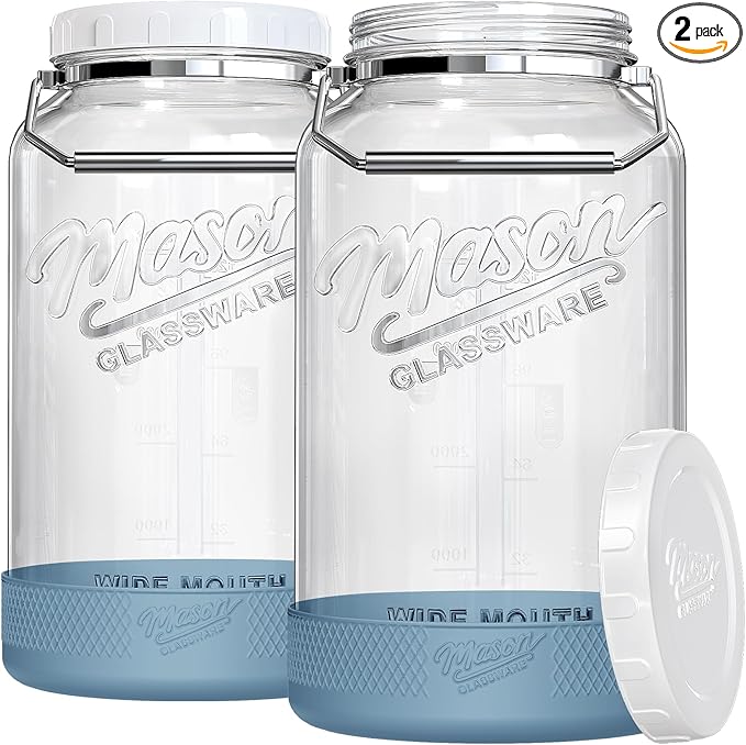 1.5 Gallon Huge Glass Jar with Airtight Lid, Wide Mouth Large Mason Jars for Fermenting, Pickling, Canning, Water Glassing Eggs, Kombucha, and Food Storage – with Handle & Scale Marks(2 Packs)