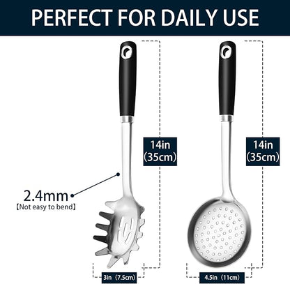 18/0 Stainless Steel Spaghetti Spoon & Slotted Spoon for Cooking, Heavy Duty Frying Spoon Pasta Strainer Skimmer, Cooking Utensils Commercial and Residential Use, Pack of 2