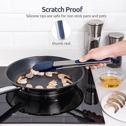 Heat Resistant Silicone Kitchen Tong: U-Taste 12 inch Large 480ºF Hot Proof Cooking Tong with Sturdy Non Stick Rubber Tips & Silicon Coated Steel Handle & Smooth Locking for Serving (Midnight Blue)