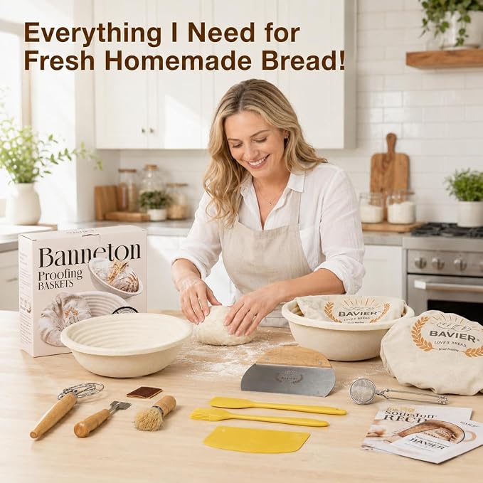 Wood Pulp Banneton Bread Proofing Baskets, 9" Round Sourdough Basket | 2.2LB Capacity, Sourdough Kit with Linen Covers, Dough Whisk, Scraper, Bread Lame & Flour Dredger