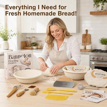 Wood Pulp Banneton Bread Proofing Baskets, 9" Round Sourdough Basket | 2.2LB Capacity, Sourdough Kit with Linen Covers, Dough Whisk, Scraper, Bread Lame & Flour Dredger