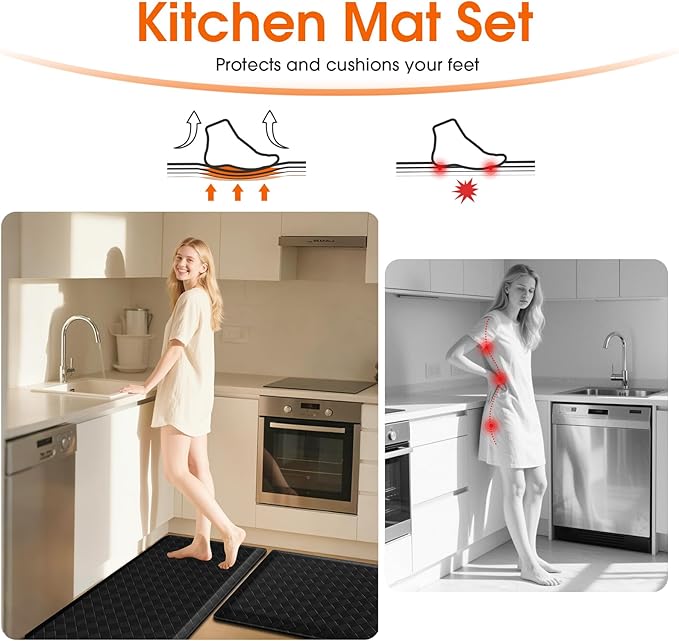 TranquilRelax 4/5 Inch Thick Anti-Fatigue Kitchen Mats 2Pcs, Cushioned Non-Slip Waterproof Sink & Stove Floor Mats, Comfortable Standing Rug Set for Kitchen, Laundry & Entryway Black