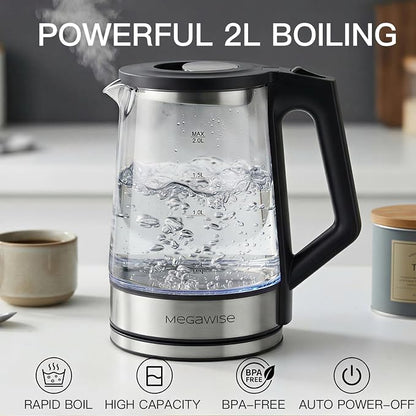 MEGAWISE 2L Electric Kettle, 1000W, BPA-Free Large Water Jug with Handle & Time Markers, Motivational Leak-Proof Bottle for Office, Home, Gym - Ensure Daily Hydration