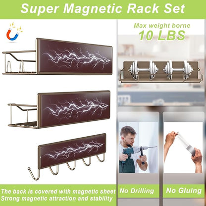 Magnetic Spice Rack for Refrigerator, 5 Pack Metal Strong Magnet Spice Organizer Shelves with Hook Rack, Space Saving Magnetic Fridge Shelf for Home Kitchen Organization and Storage (Brown)