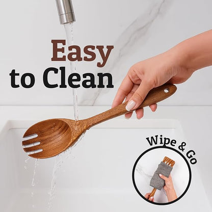 PriorityChef Premium Wooden Salad Servers - Handcrafted Teak Wood Spork - Durable Kitchen Utensil for Serving and Tossing Pasta & Sides - Nonstick Safe Wooden Salad Spoon and Fork Set Combined