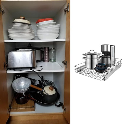Sikarou Pull Out Cabinet Organizer 17" W x 21" D, Heavy Duty Kitchen Cabinet Pull Out Shelves, Slide Out Wire Basket for Kitchen Cabinets, Bathroom, Pantry, Chrome Finish