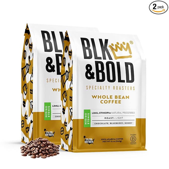 BLK & Bold Whole Bean Coffee, Limu Ethiopia Light Roast, Single Origin Coffee Beans, Chocolate Blueberry Honey Notes, Fresh Roasted Coffee for Drip, French Press, Cold Brew & Espresso, 12 oz Bags (2 Pack)
