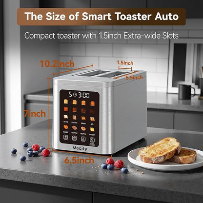 Mecity 2 Slice Smart Touchscreen Toaster, Stainless Steel Wide Slot Toasters with Auto Lift & 30-Minute Warm, Memory Function, Defrost & Auto Shutoff, Digital Electric Bread Toaster for Bagels
