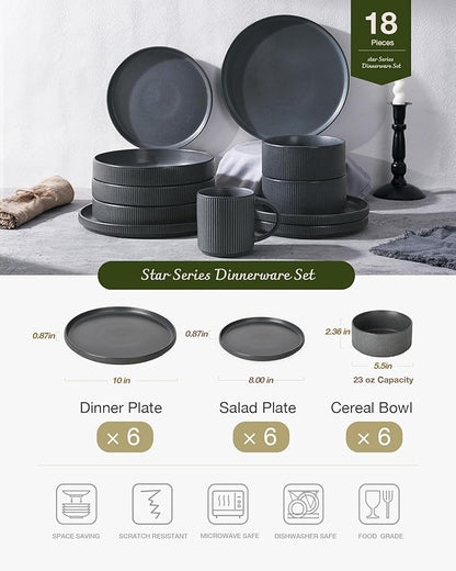Famiware Star Plates and Bowls Sets, Modern Stoneware Dinnerware Sets for 6, 18-Piece Kitchen Dish Set - Chip and Scratch Resistant, Microwave and Dishwasher Safe Tableware, Matte Dark Charcoal