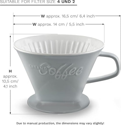 Creano Porcelain Coffee Dripper Stone Grey - Ceramic Cone Brewer - Pour Over Coffee Maker for Filter Bags Size 4 - Easy Manual Brew for pure taste - also for Camping, Hiking