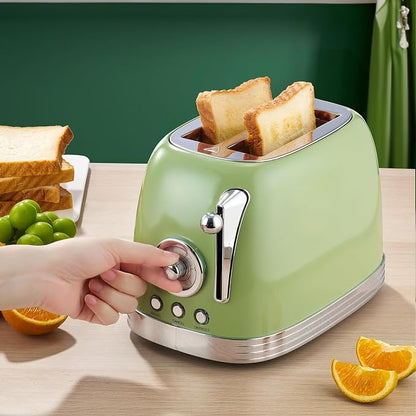 Wiltal Green Cute Retro Toaster 2 Slice with 1.58" Wide Slots, with Stainless Steel Lid, with Warming Rack, Preheat, Defrost, Countdown Timer Display