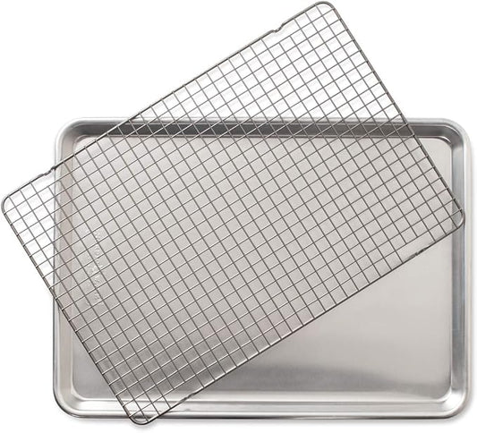 Nordic Ware Half Sheet with Grid and Large Classic Cookie Sheet | 2 Piece Bakeware Set