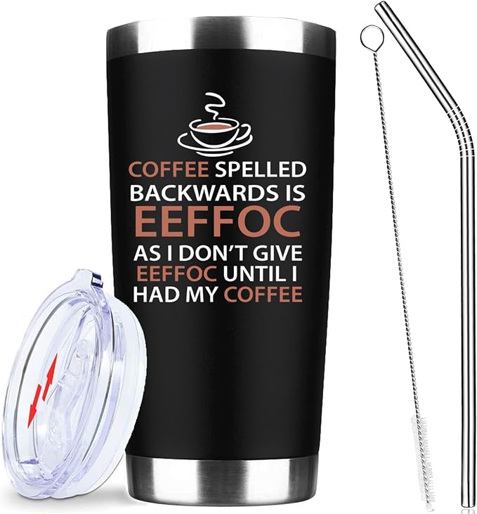 Eeffoc Is Coffee Spelled Backwards Funny Coffee Tumbler,20oz Insulated Stainless Steel Travel Mug with Lid,Straw and Brush,Double Wall Iced Travel Cup,Gifts for Women,Men,Boss,Friends,Employ(Black)