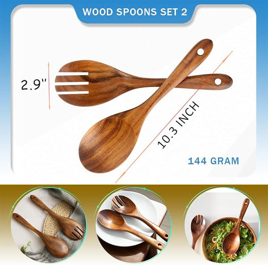 Teak Wood Sporks 10.2-Inch Pack of 2, Teak Wooden Salad Forks with Ergonomical Handles, Salad Fork for Cooking, Wooden Spork for Salad Serving