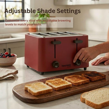 Courant 4 -Slice Toaster Cool Touch with Extra Wide Slots For Bread, Bagels & Waffle with 6 Adjustable Shade Settings, CrumbTray & Cancel Function Extra-Lift Feature, compact Design – Red