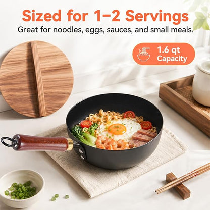 WANGYUANJI 8 Inch Carbon Steel Wok Pan with Lid, Small Hammered Flat Bottom Wok for 1–2 Servings, Removable Beechwood Handle, Coating-Free Stir Fry Pan for Gas, Electric & Induction Cooktops