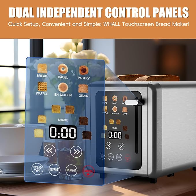 WUNLY Smart Digital 2 Slice Toaster with Touch Screen,1.5'' Extra Wide Slots for Bagel, Digital Countdown & Sound Control, 6 Bread Types & 6 Shade Settings, Defrost/Reheat/Standby,Titanium