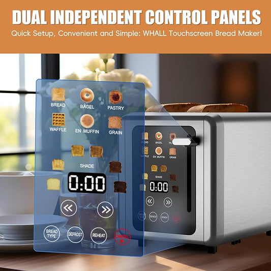 WHALL Touch Screen Toaster 2 Slice,Smart Digital Toaster with 1.5" Wide Slots,6 Shade Settings & 6 Bread Types,Memory Function,Countdown Timer,Brushed Stainless,Ideal Kitchen Gift & Essential