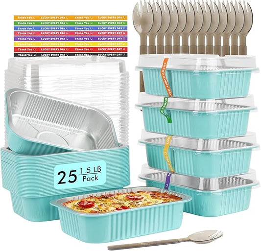 LNYZQUS 1.5lb Small Baking Pans with Lids 25 Pack, 7” x 5” Aluminum Foil Containers Individual Cake Tins,24oz Heavy Duty Takeout Leftover Containers Meal Prep Holders Boxes for Oven-Blue