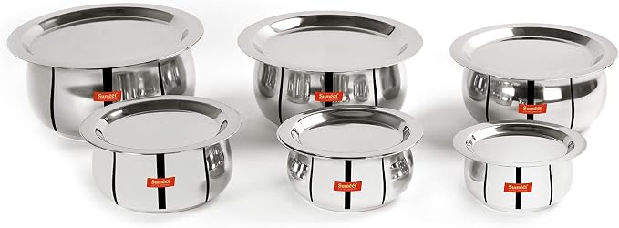 Sumeet Stainless Steel Belly Shape 6 Pc Tope/Cookware/Pot Set with Lid 380ML, 500ML, 780ML, 1.1Ltr, 1.4Ltr, 1.75Ltr (Silver)