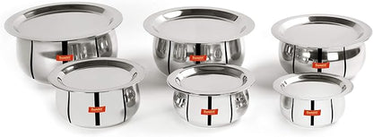 Sumeet Stainless Steel Belly Shape 6 Pc Tope/Cookware/Pot Set with Lid 380ML, 500ML, 780ML, 1.1Ltr, 1.4Ltr, 1.75Ltr (Silver)