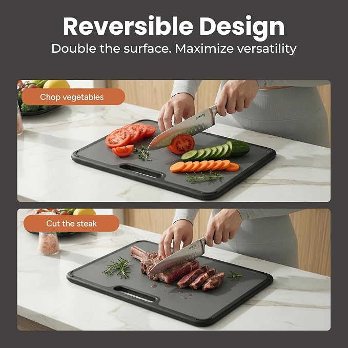 SMIRLY Plastic Cutting Board Set with Holder, Non-Slip Chopping Boards for Kitchen, Dishwasher Safe, Essential Kitchen Gadgets, 3 Pack, Dark Gray