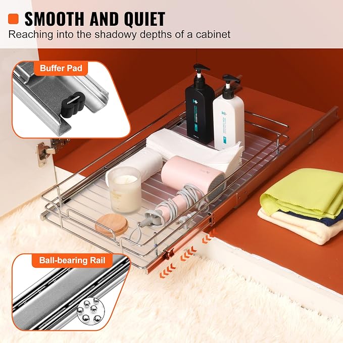 Happybuy 11" W x 21" D Pull Out Cabinet Organizer - Heavy Duty Chrome-Plated Steel Sliding Drawers for Pantry, Home, Kitchen Cabinet, Bathroom.