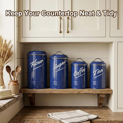 Hillbond Kitchen Canister Set of 4, Airtight Stainless Steel Food Storage Containers with Lids, Flour Sugar Coffee Tea Canisters for Countertop, Metal Kitchen Storage Jars, Navy Blue