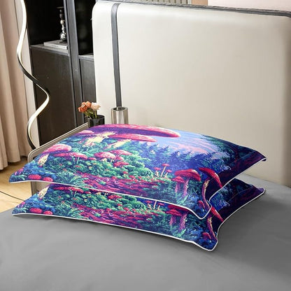 Twin Size Duvet Cover Trippy Mushroom 100% Pure Cotton Bedding Set Pixelated Video Games Bedding Set (No Filler) Nature Wild Plants Comforter Cover for Room Decor 2 PCS