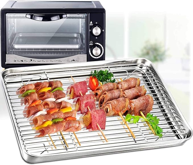 TeamFar Baking Pan with Rack Set of 4, 12.5’’ x 9.5’’ Stainless Steel Toaster Oven Baking Pan with Cooling Rack, Healthy & Non Toxic, Easy Clean& Mirror Finish, Dishwasher Safe - (2 Pans + 2 Racks)