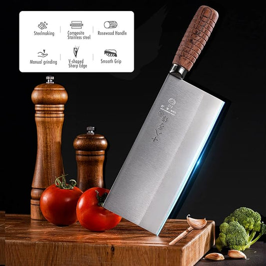 SHI BA ZI ZUO 8-inch Professional Cleaver - Stainless Steel Meat & Vegetable Knife with Non-stick Finish and Anti-slip Wooden Handle