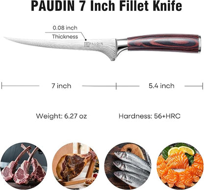 PAUDIN Fillet Knife 7 Inch, Super Sharp Boning Knife, High Carbon German Steel, Professional Fish Knives for Meat Cutting, Ergonomic Pakkawood Handle and Sheath, Gift Box