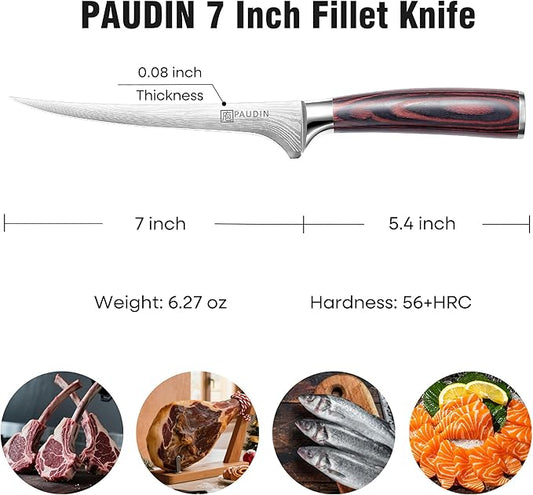 PAUDIN Fillet Knife 7 Inch, Super Sharp Boning Knife, High Carbon German Steel, Professional Fish Knives for Meat Cutting, Ergonomic Pakkawood Handle and Sheath, Gift Box