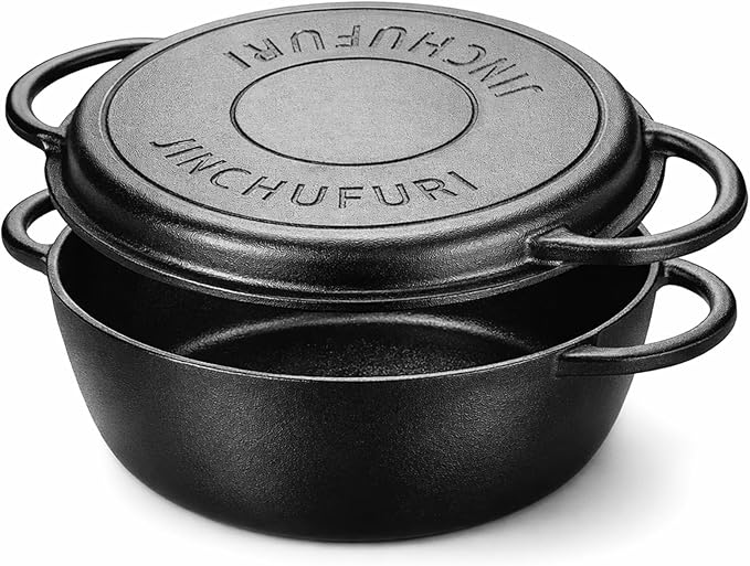 Cast Iron Dutch Oven With Skillet Lid - JINCHUFURI, 2-in-1 Pre-Seasoned Heavy Duty Cookware Set for Bread Baking, Frying, Camping, BBQ, Oven, Grill & Stovetop, 3.5QT