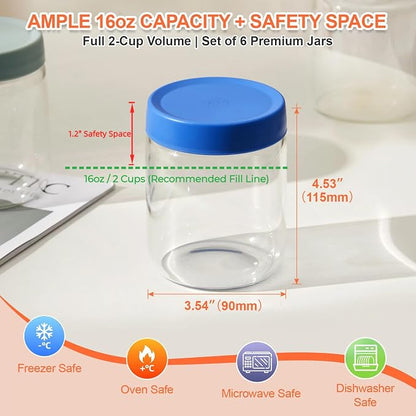6 Pack 16oz Borosilicate Glass Meal Prep Jars with Airtight Lids - Leak & Spill Proof, Wide Mouth, BPA-Free - Freezer to Oven Safe for Soup, Bone Broth, Overnight Oats