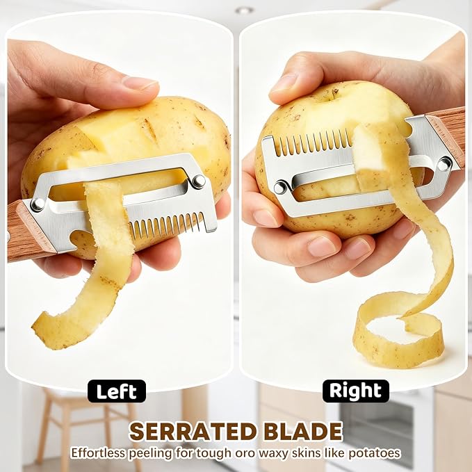 Left & Right Hand Vegetable Peeler Set with Scallion Slicer & Bottle Opener, Heavy-Duty Thick Stainless Steel Blade, Multi-Function Kitchen Peeler with Wooden Handle for Fruits & Vegetables(New 2pcs)