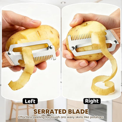 Left & Right Hand Vegetable Peeler Set with Scallion Slicer & Bottle Opener, Heavy-Duty Thick Stainless Steel Blade, Multi-Function Kitchen Peeler with Wooden Handle for Fruits & Vegetables(New 2pcs)