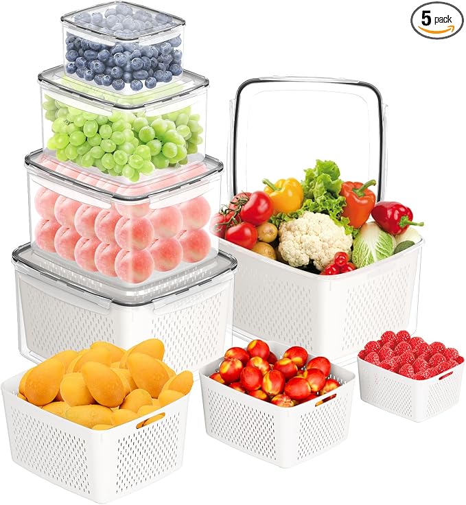 Fruit Storage Containers for Fridge - 5 PCS Poduce Containers for Fridge - with Removable Drain Basket - Keep Fruit Lettuce Berry Vegetables Meat Food Stay Fresher Longer