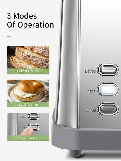 Toaster 4 Slice, Extra Wide Slots, Stainless Steel with High Lift Lever, Bagel and Muffin Function, Removal Crumb Tray, 7-Shade Settings with Warming Rack, Silver, Yabano