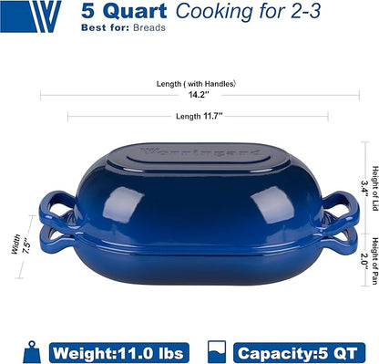 VORRINGARD Enameled Cast Iron Sourdough Bread Oven, Dutch Oven, Loaf Cast Iron Bread Pan for Homemade Bread Baking, Meatloaf Pan with Lid, 5QT, Blue