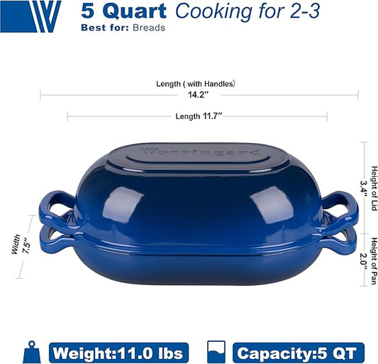VORRINGARD Enameled Cast Iron Sourdough Bread Oven, Dutch Oven, Loaf Cast Iron Bread Pan for Homemade Bread Baking, Meatloaf Pan with Lid, 5QT, Blue
